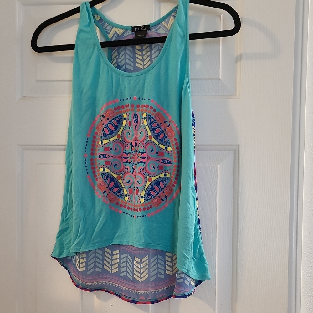 Rue21 Green and Blue Asymmetrical Graphic Tank Top - Picture 1 of 6